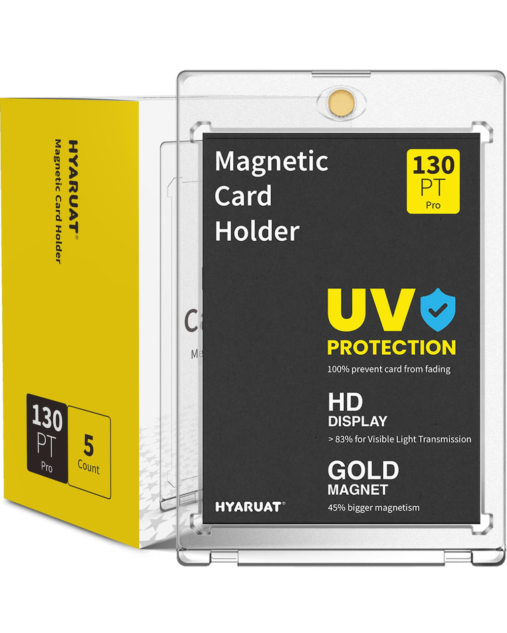 HYARUAT 130pt magnetic card holder closeup shows clear display and strong magnet