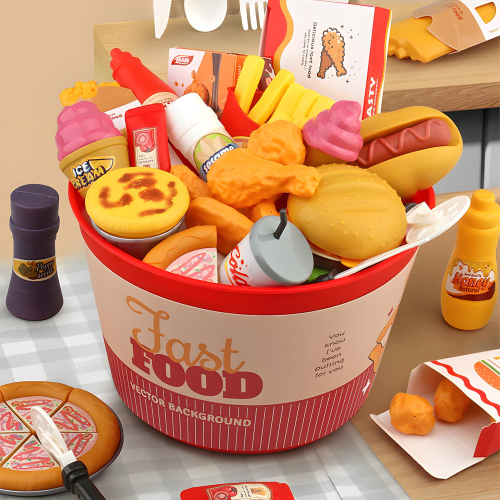 Hydeem organizer bin with mesh bag keeps play food neatly stored and portable.