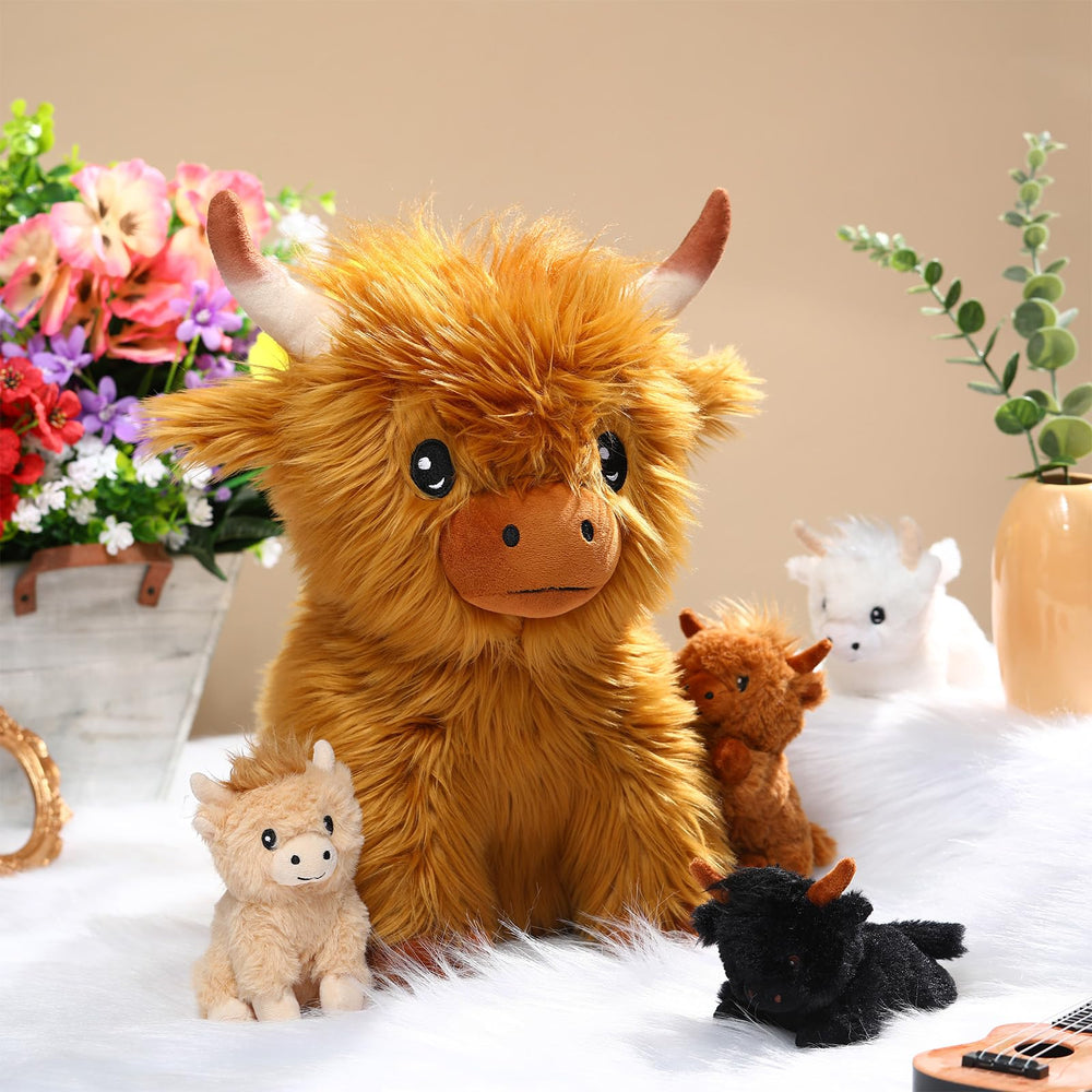 HyDren Highland cows back zipper plush, stores four babies safely.