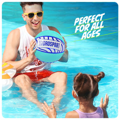 HydroSport family-friendly setup shows kids with teens and adults enjoying pool basketball.