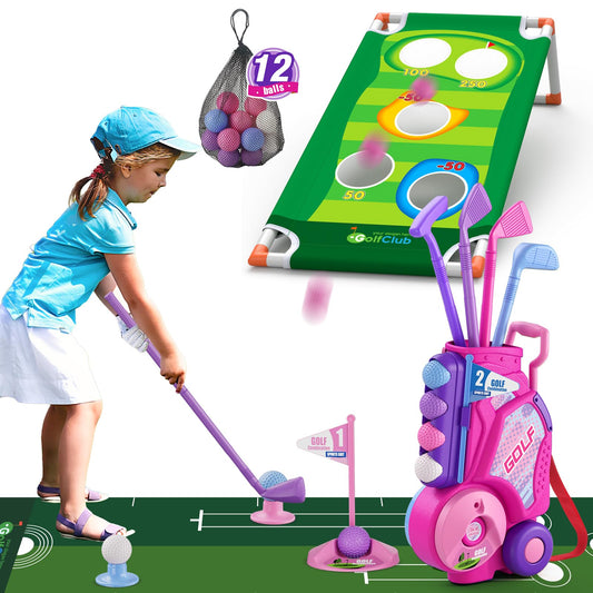 HYES 2-in-1 toddler golf set pink clubs for guided coordination practice.
