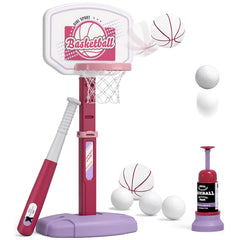 HYES 2 in 1 kids basketball hoop and teeball set overview for indoor outdoor play
