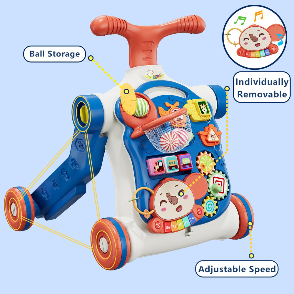 HYES blue walker includes a piano keyboard for musical exploration.