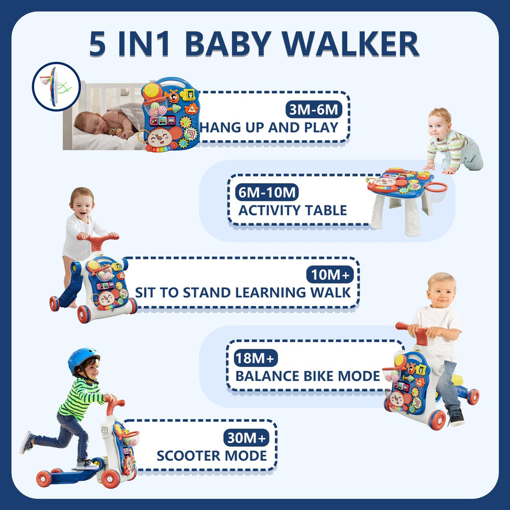 HYES blue push walker in scooter mode boosts mobility and balance learning.