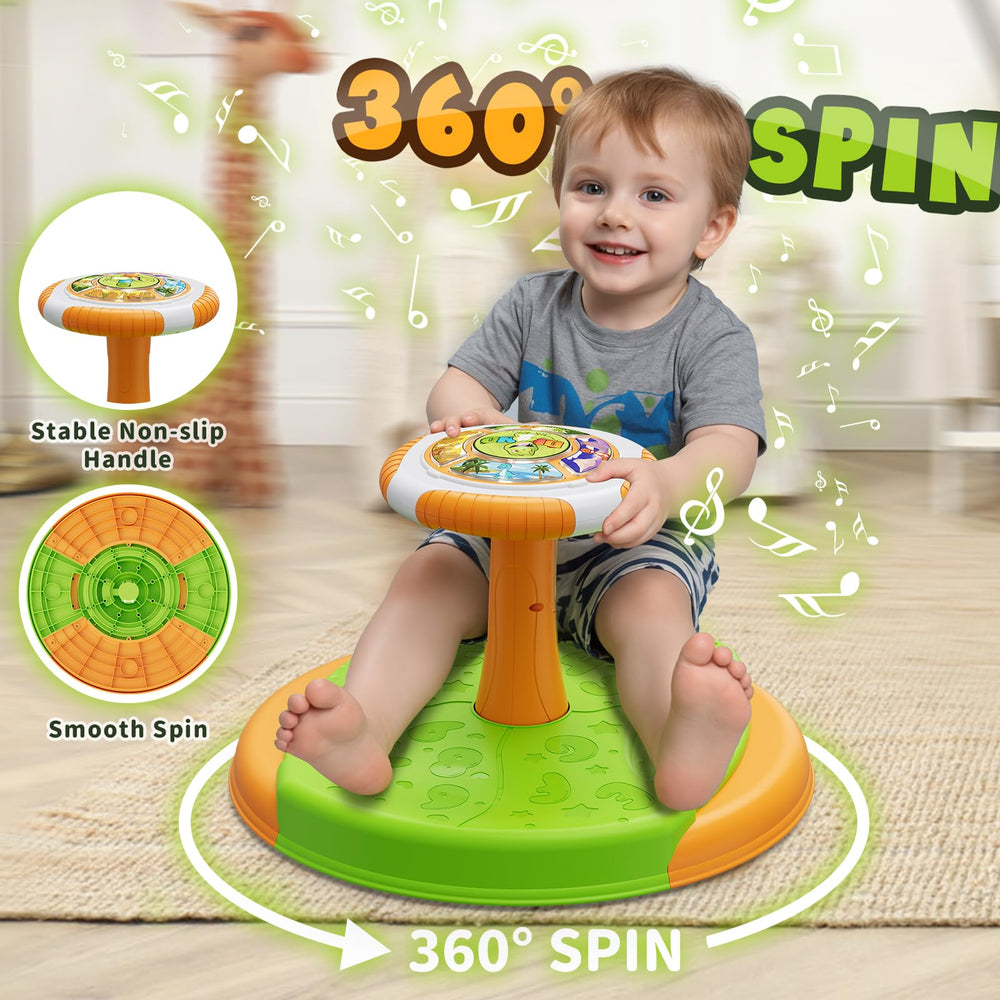 HYES Dinosaur Sit and Spin toy with LED lights enhances sensory play.