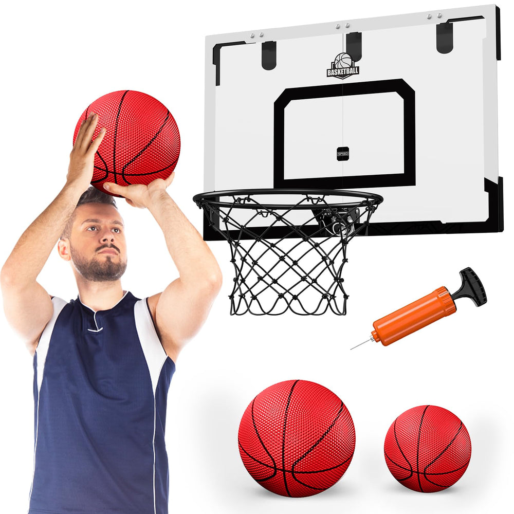 HYES over-the-door hoop with 24x16 backboard for quick, stress-relieving indoor play.