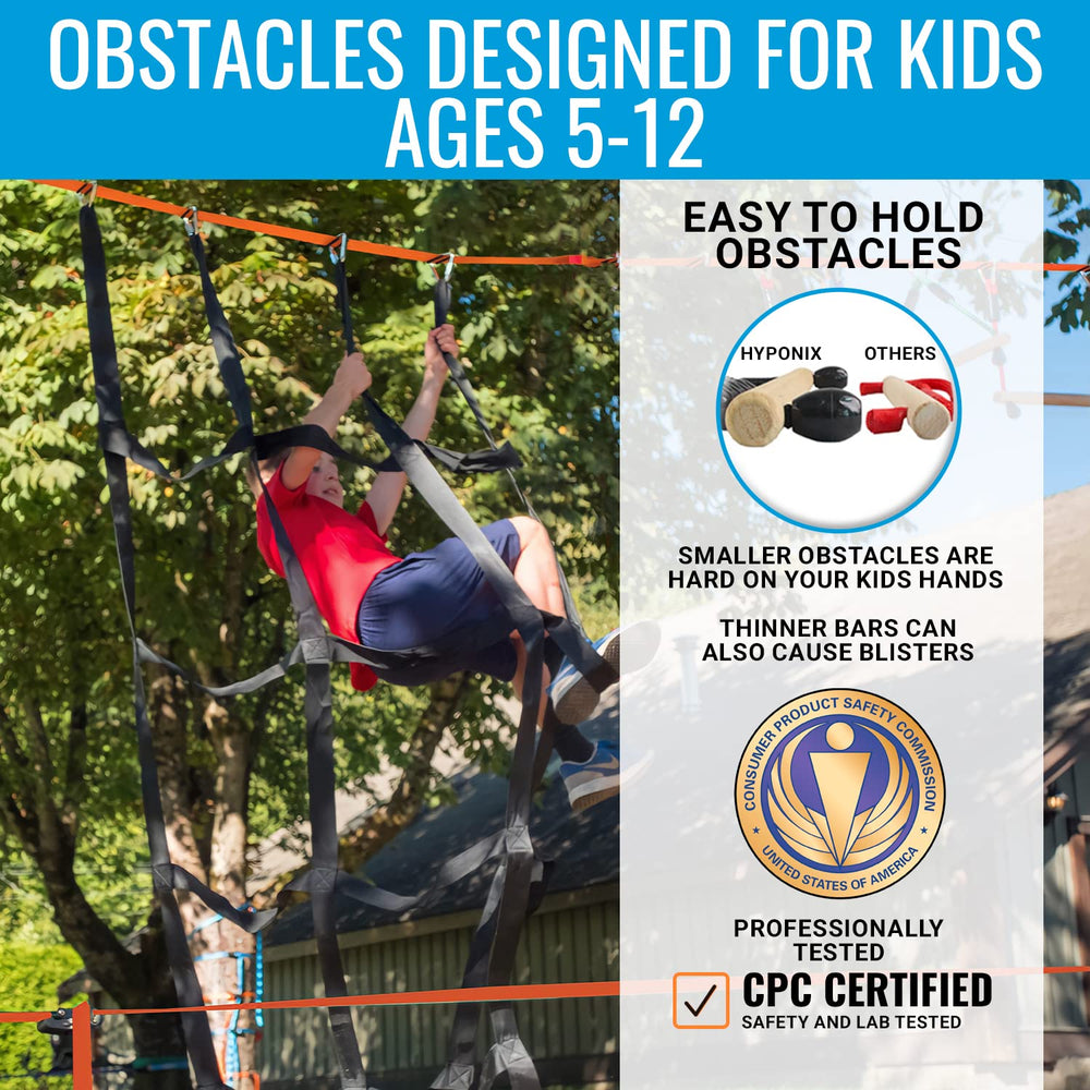 Hyponix Sporting Ninja obstacle Monkey Net adds climbing thrill and safe hang-time.