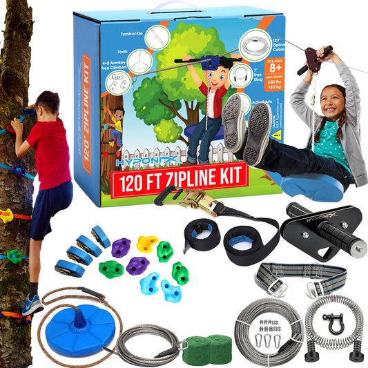 Hyponix Sporting zipline kit 100ft setup for backyard adventure and family play
