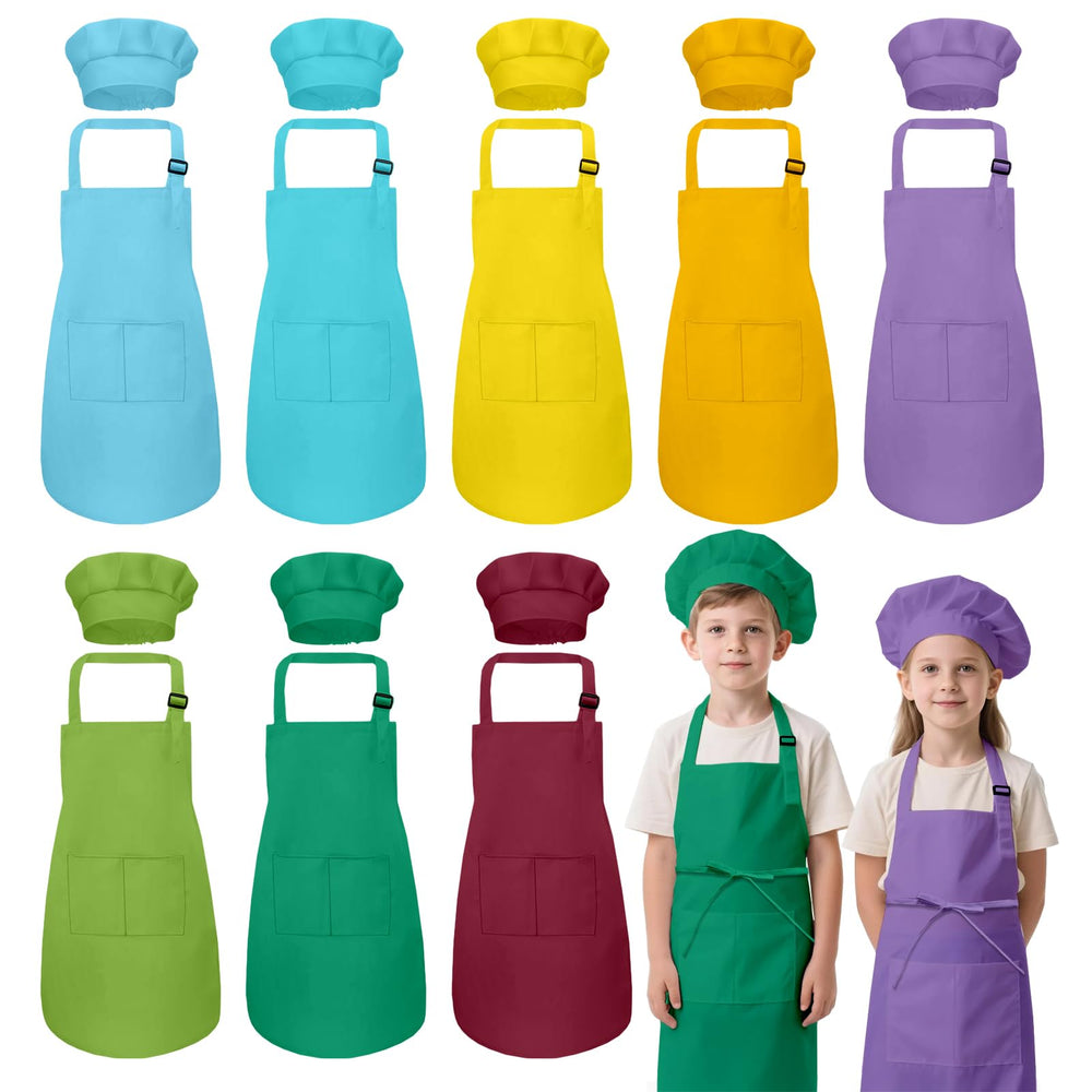 IAGBIBUI kids apron set in bright colors for cooking and crafts.