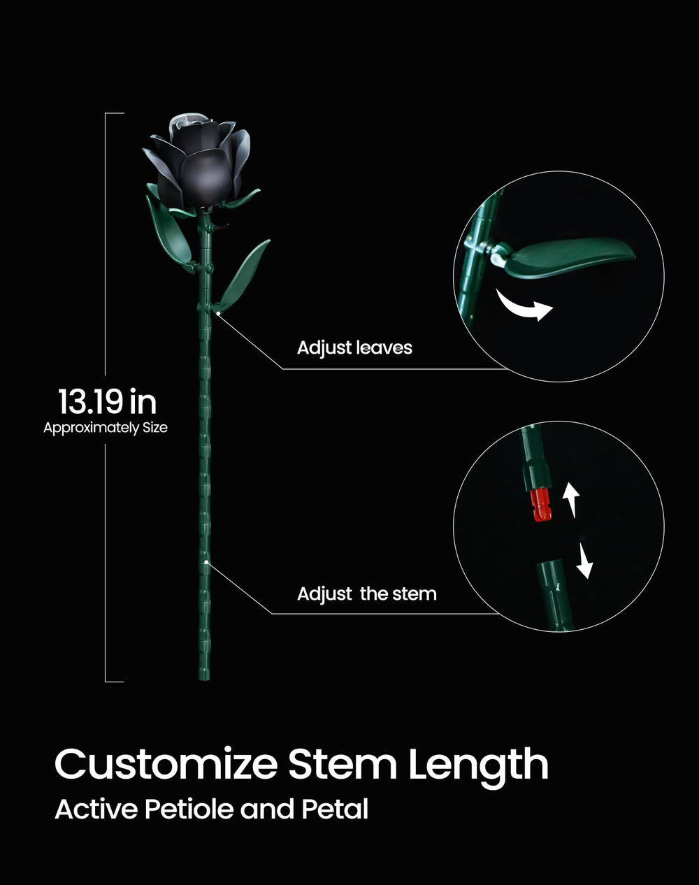 iATOM Black Rose Bouquet adjustable stems fit various vase heights.