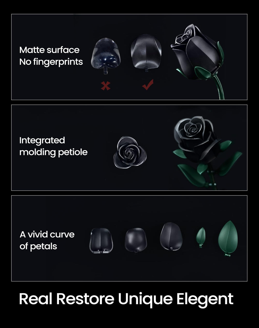 iATOM Black Rose Bouquet swing petals enable elegant, poseable display options.