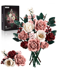 iATOM Pink Roses bouquet building set ready to display at home in a vase
