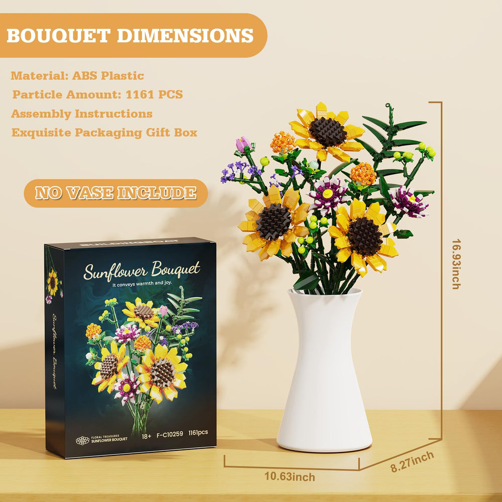 iATOM Sunflowers bouquet building set arrives in a gift-ready box with assembly instructions