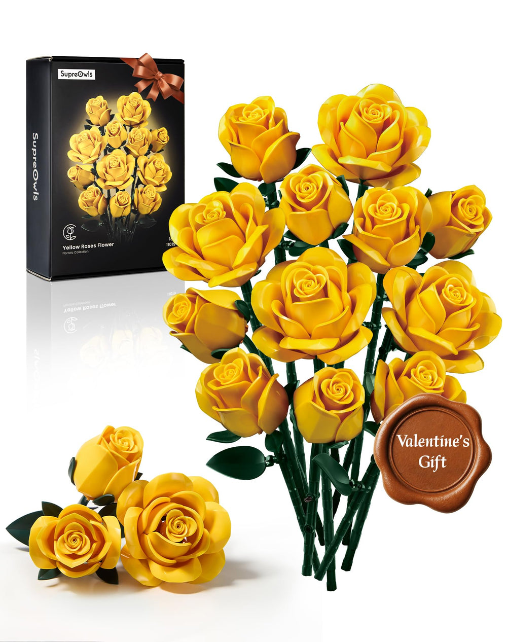 iATOM Yellow Rose Bouquet Building Set packaging, ready for gifting