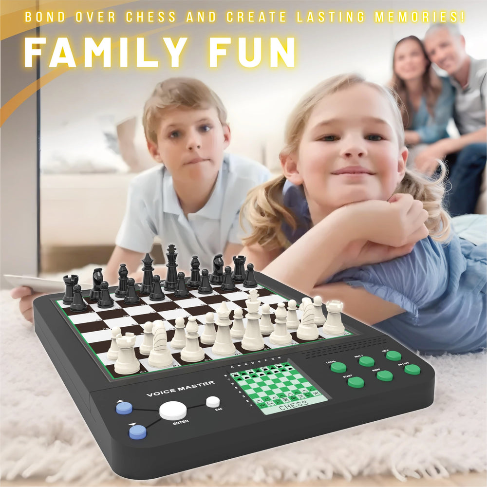 iCore Electronic Chess Set Pro Black with voice guide displaying learning cues