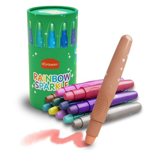 iCrayon 12-color rainbow sparkle metallic watercolor gel crayons brighten artwork and inspire creativity.