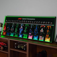 iCUANUTY display wallboard with RGB lighting enhances LEGO Speed Champions 10-in-1 displays.