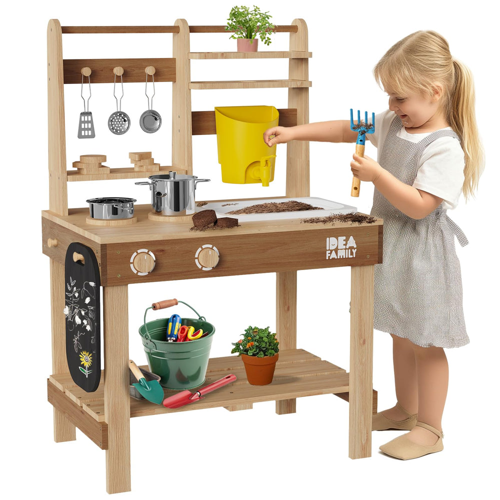 Idea Family 6 in 1 mud kitchen outdoor sink area sparks imaginative cooking play.