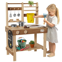 Idea Family 6 in 1 mud kitchen outdoor sink area sparks imaginative cooking play.