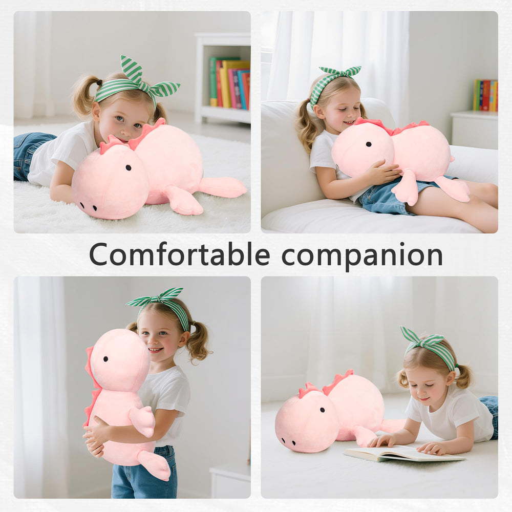 IdeaMeme weighted dino plush in living room setting