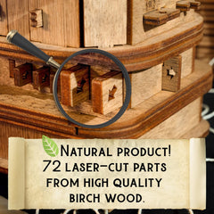 idventure Cluebox 3D wooden puzzle close-up shows laser-cut craftsmanship
