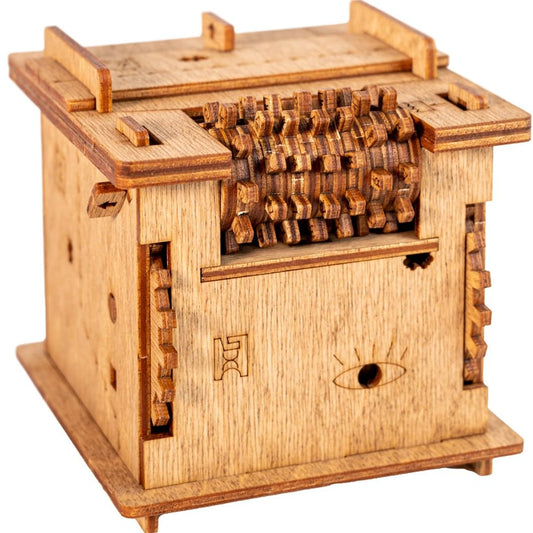 iDventure Cluebox Schroedingers Cat front view, showing the sleek wooden puzzle for curious minds