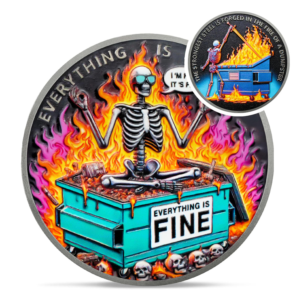 IELCJJ colorful skull dumpster fire coin—vibrant desk décor for motivation during long workdays