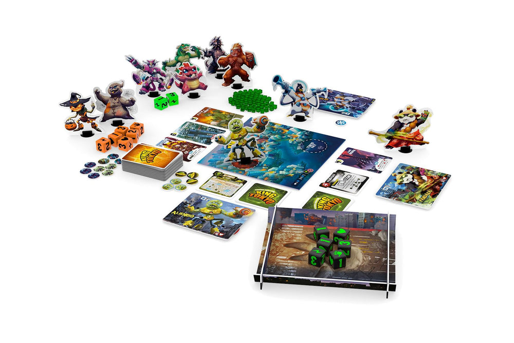 IELLO King of Tokyo Monster Box contents reveal 10 monsters and 96 evolution cards for varied play.