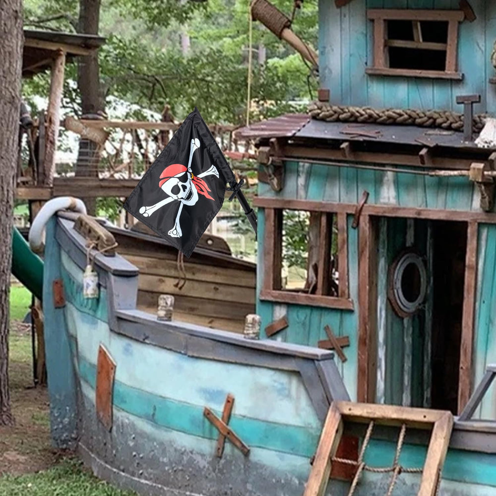 ifeolo pirate flag hanging on treehouse deck for backyard decor