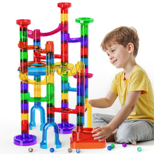 Ifollower marble run kit assembly shows kids building with colorful pieces for focused play