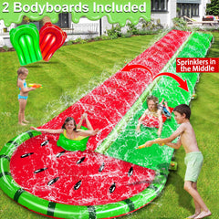 iGeeKid watermelon lawn water slide bodyboards in use for smoother rides.