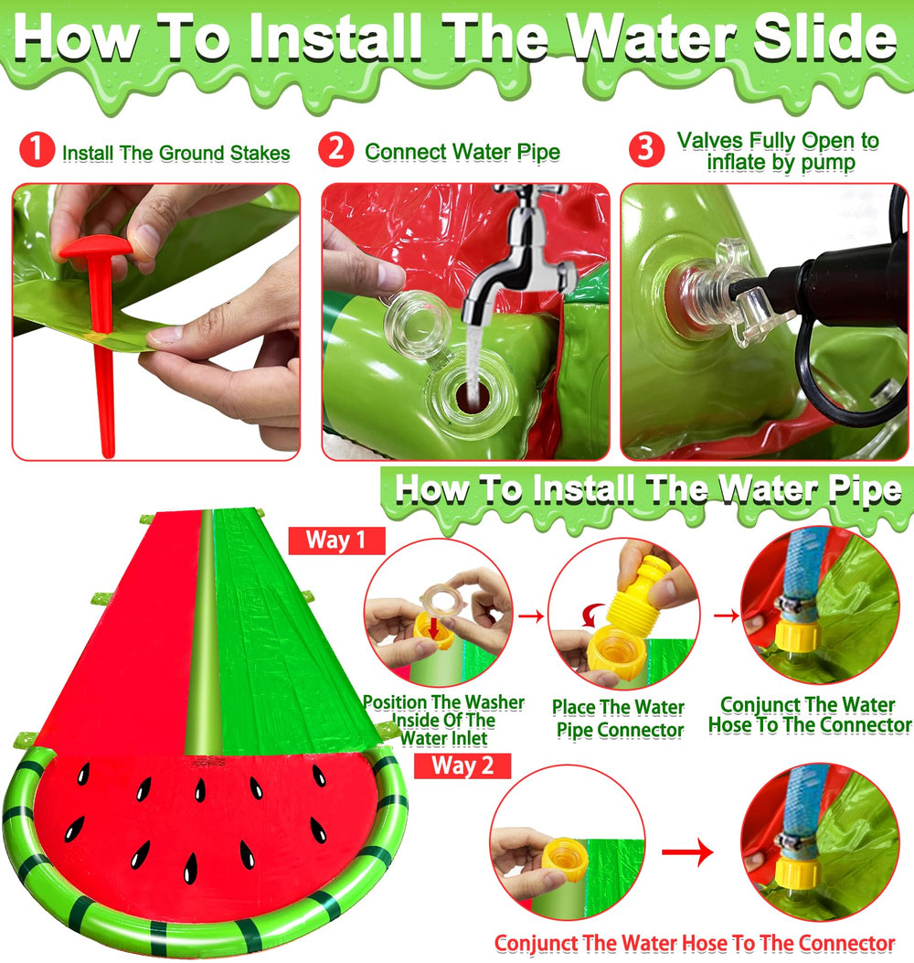 iGeeKid watermelon lawn water slide sprinkler pipe connected for refreshing mist.