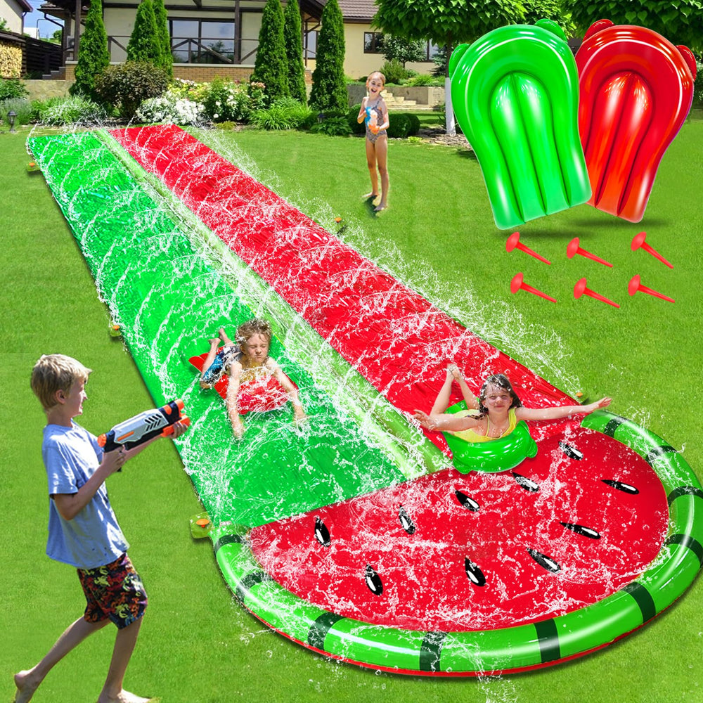 iGeeKid watermelon lawn water slide wide view ready for family fun on sunny days.