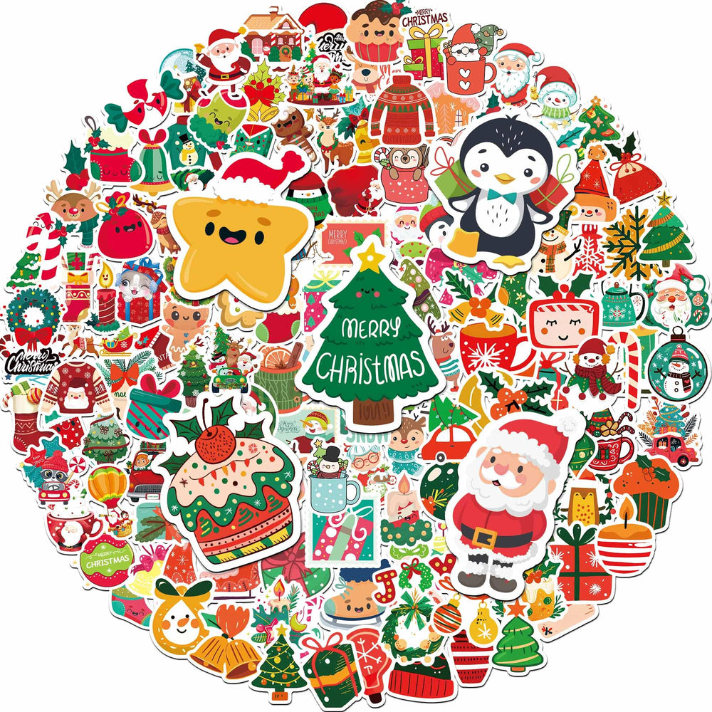 iGetooy 150pcs Christmas stickers decorate laptops and water bottles with vibrant designs.