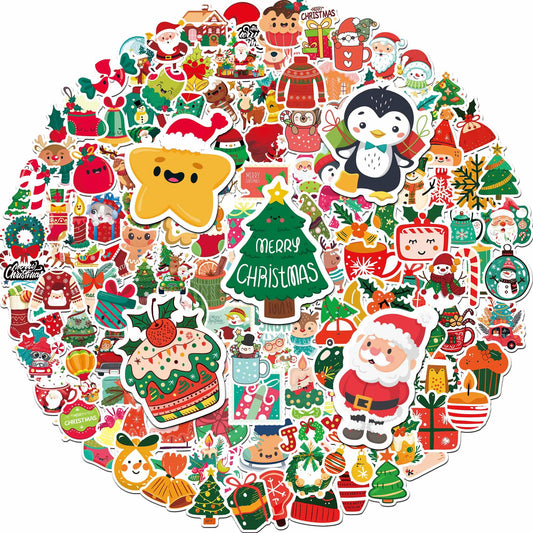 iGetooy 150pcs Christmas stickers decorate laptops and water bottles with vibrant designs.