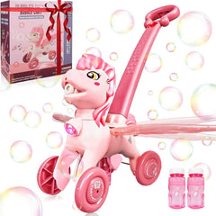 IGINOA pink bubble machine for kids creates colorful bubbles for outdoor play.