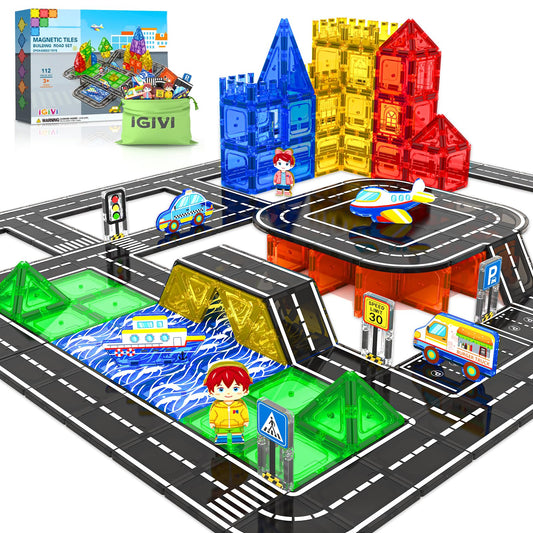 IGIVI 112pcs magnetic tiles road set in vibrant colors for imaginative city-building and STEM play.