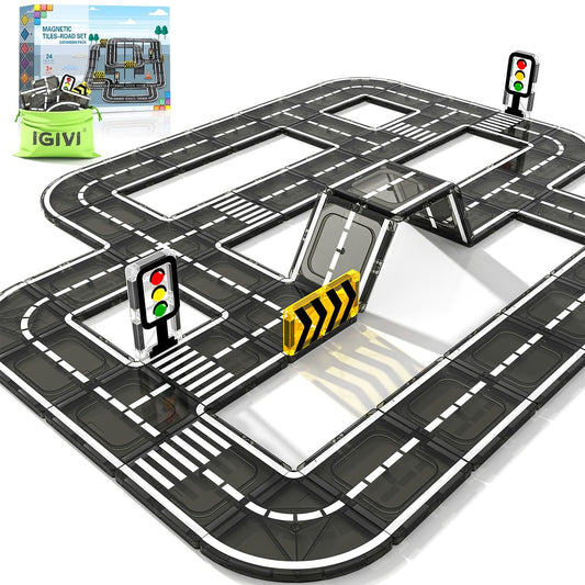 IGIVI magnetic road tiles setup promoting hands-on creativity and open-ended play.