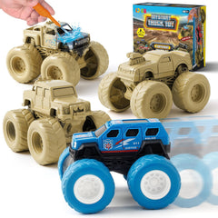 IJIGU monster trucks wash-to-reveal set, bright colors appear after rinsing for imaginative play.
