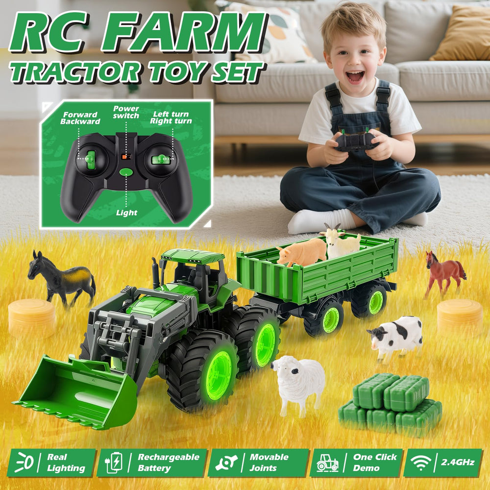 IJIGU RC tractor with detachable trailer enhances loading and unloading pretend chores.