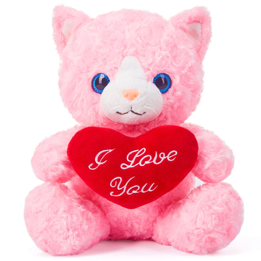 IKASA cat plush holding heart, soft Valentine gift idea for loved ones.
