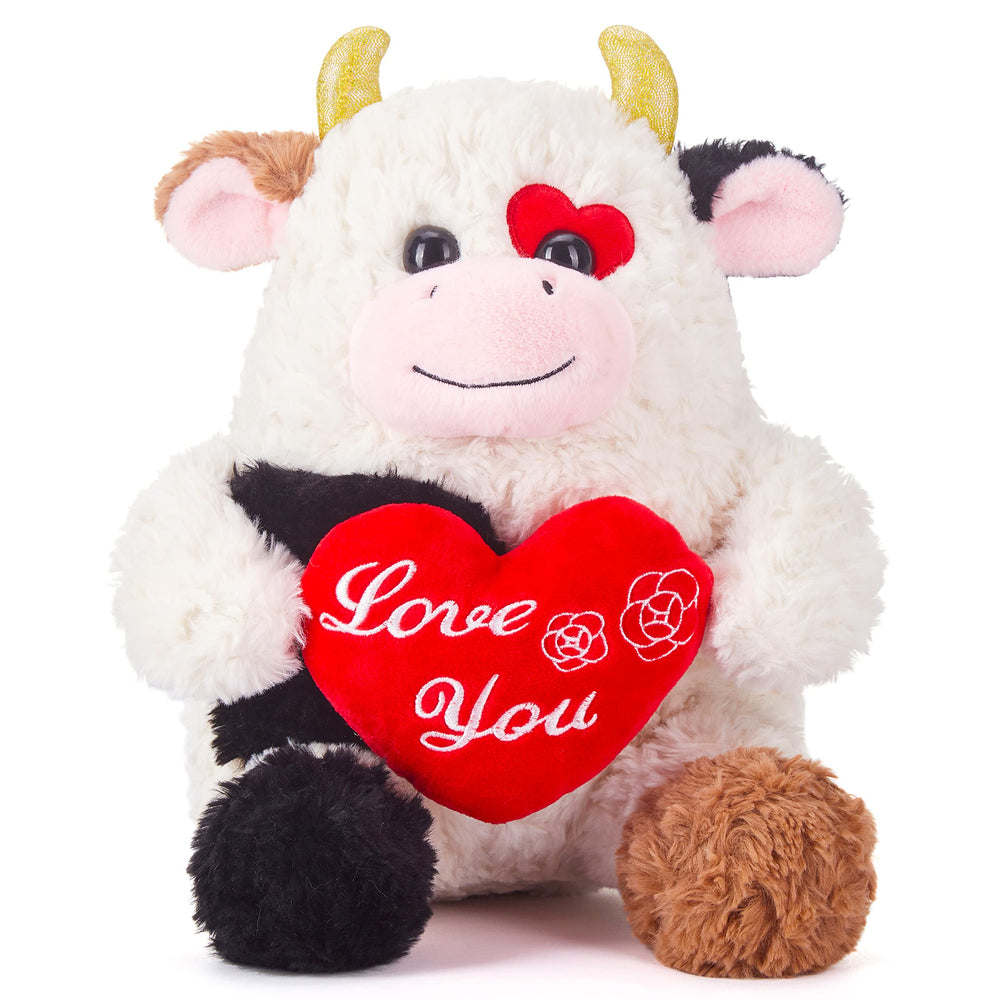 IKASA cow plush toy with heart motif for Valentine gifting and cuddling.