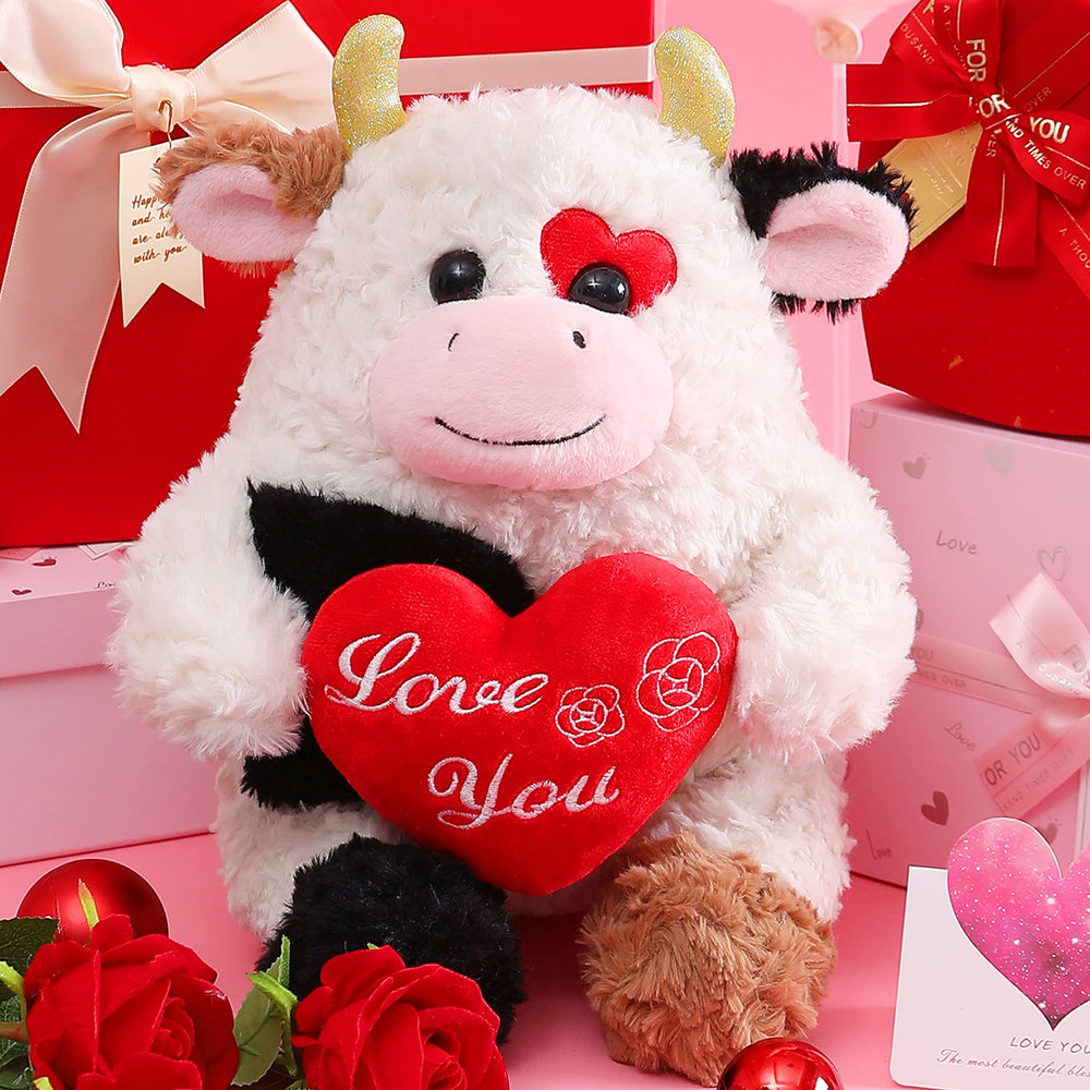 IKASA cow plush close-up shows soft fur and inviting hug.