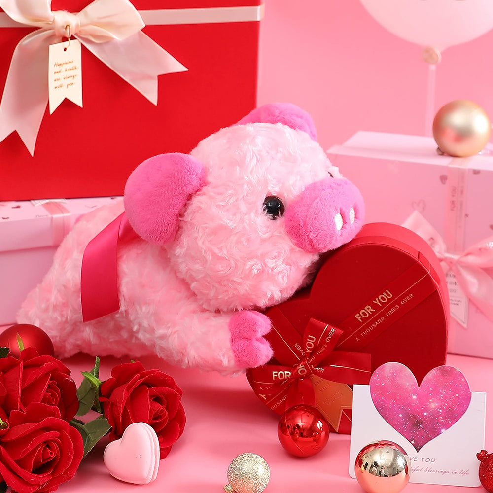 IKASA pig plush toy with bow front view, ideal gift for girlfriend or boyfriend