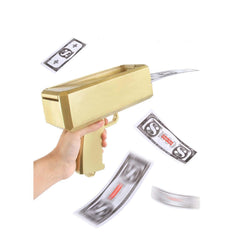 IKJNMLP prop gold money shooter gun close-up, glossy finish and ABS build