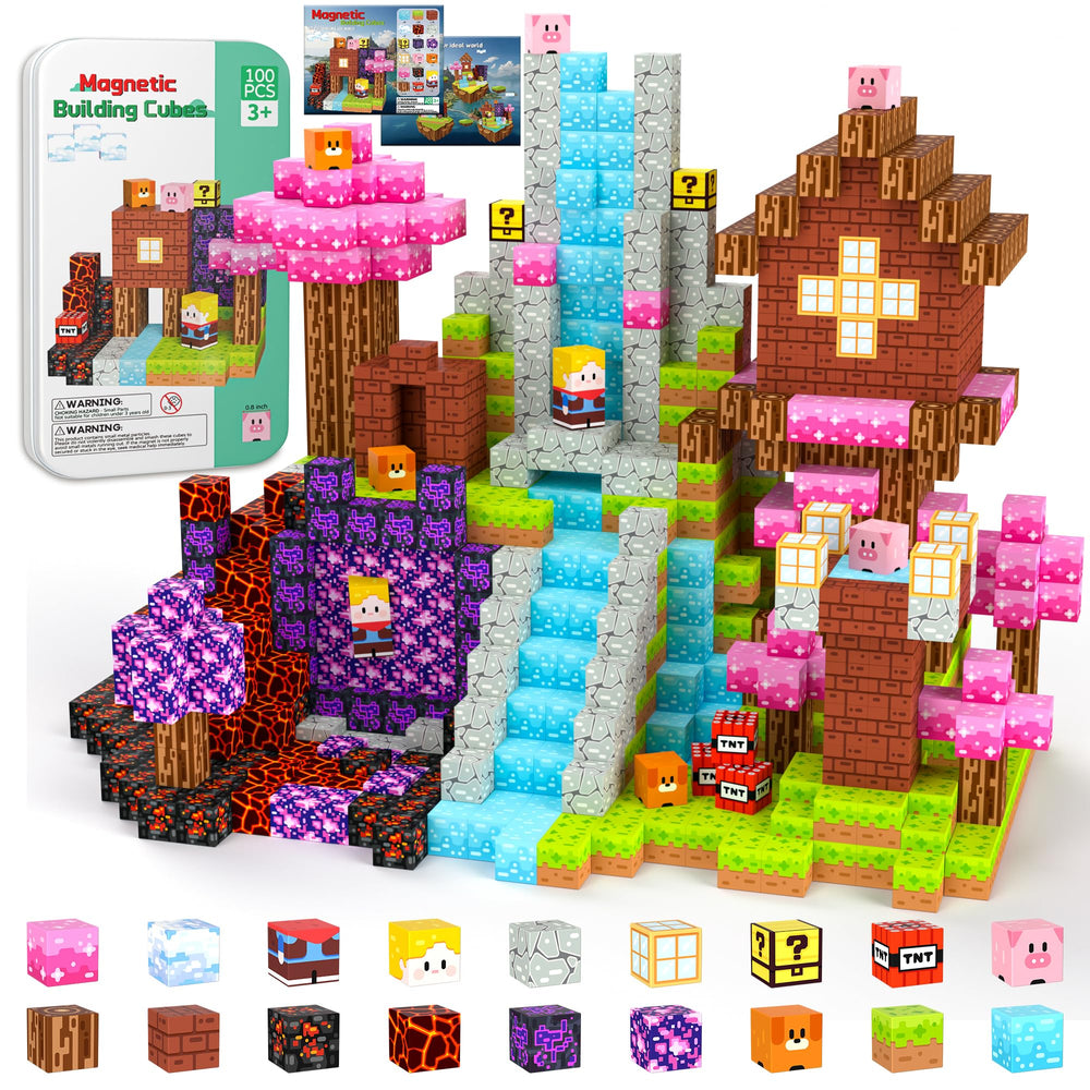 iLacven Magnetic Blocks travel tin box 100 cubes for on-the-go screen-free play for kids