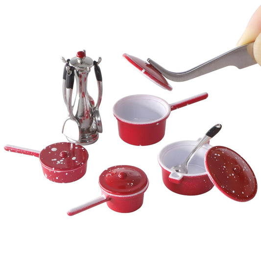 iland 1/12 scale red enamel pots and pans add realism to dollhouse kitchen scenes
