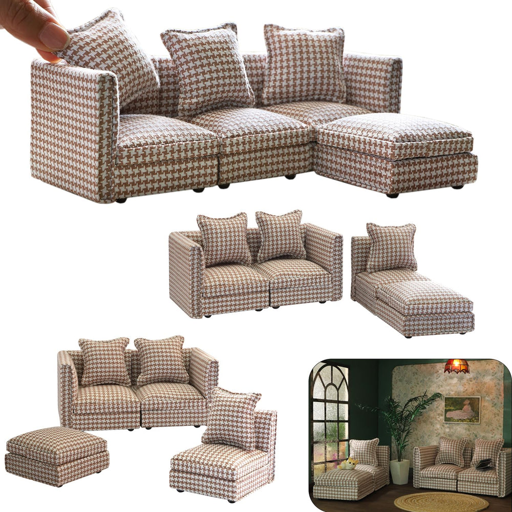 iLAND dollhouse sectional couch in brown houndstooth enhances 1/12-scale realism.