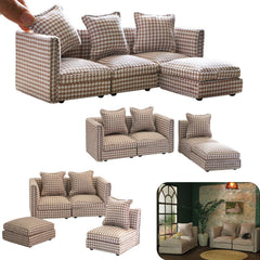 iLAND dollhouse sectional couch in brown houndstooth enhances 1/12-scale realism.