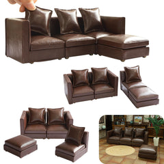 iLAND dollhouse sectional sofa in brown faux leather, ideal 1/12-scale living room centerpiece.